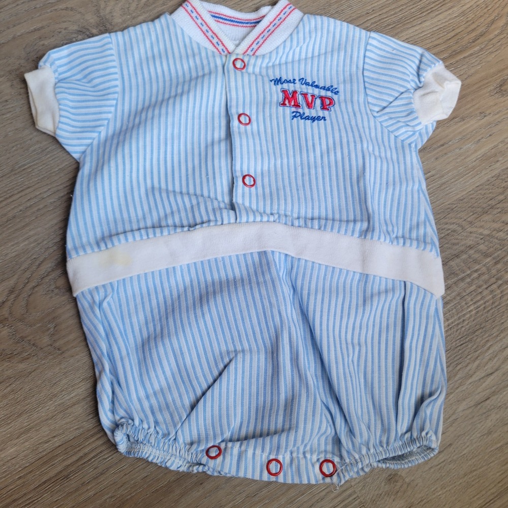 Alexis Baby Boy Romper 3M Blue Striped Seersucker MVP Sporty Vintage USA